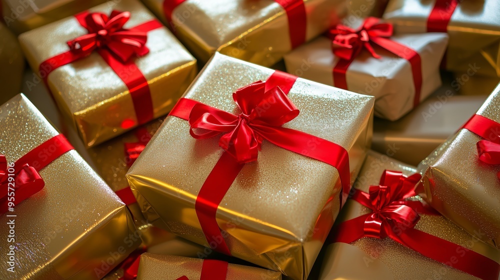 Golden wrapped gifts with red bows in a festive display, perfect for holiday celebrations and special occasions Golden wrapped gifts with red bows in a festive display, perfect for holiday celebrations and special occasions