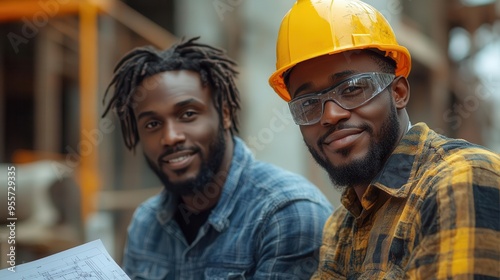 two diverse construction workers collaborating over blueprints urban building site backdrop teamwork in action