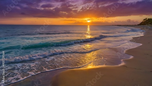 Beautiful landscape view of seaside in the evening, sun going down and waves hitting shores