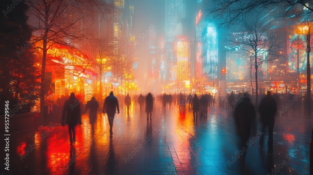 Obraz premium urban kinetic energy blurred figures navigate neonlit shopping street long exposure creates sense of constant motion and city vibrancy