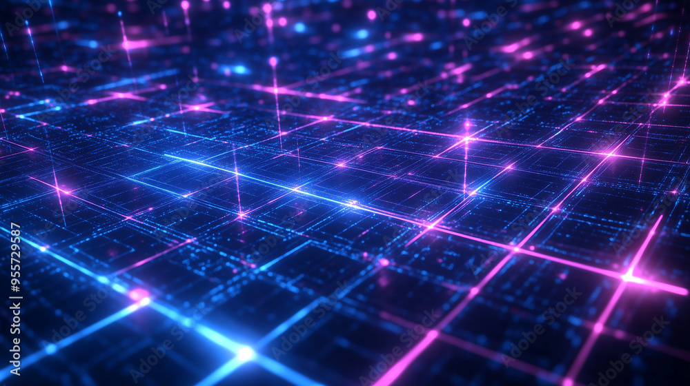 Abstract digital grid with glowing pink and blue neon lines, representing a futuristic, interconnected network or data matrix, evoking concepts of technology, cyberspace, and digital communication. Abstract digital grid with glowing pink and blue neon lines, representing a futuristic, interconnected network or data matrix, evoking concepts of technology, cyberspace, and digital communication.