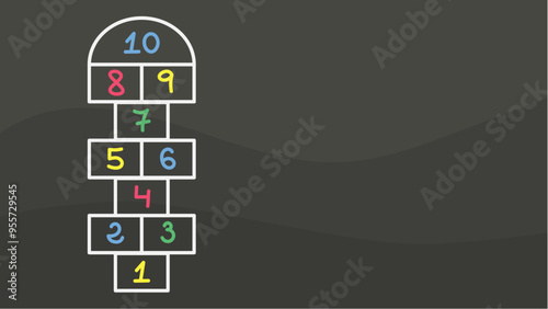 A hopscotch game drawn with white lines and handwritten colored numbers on a dark gray wavy background. Learn numbers and colors while playing.