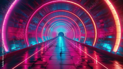 High-quality neon-lit futuristic tunnel with dynamic geometric patterns and reflections, evoking a mesmerizing sci-fi ambiance..