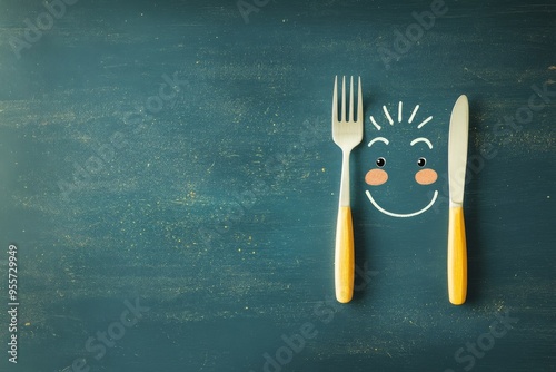 Un visage souriant formé à partir d'un aliment, encadré par des couverts, évoquant l'idée d'un repas sain et joyeux a la cantine ou dans la vie de tous les jours. 
