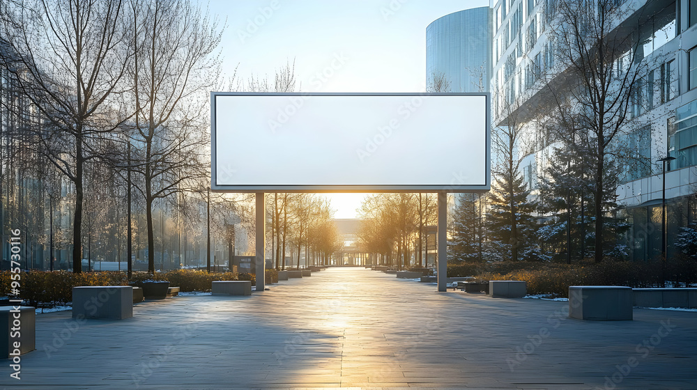 A blank billboard in a serene urban setting at sunrise. A blank billboard in a serene urban setting at sunrise.