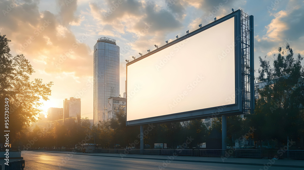 A blank billboard stands in an urban setting at sunset. A blank billboard stands in an urban setting at sunset.