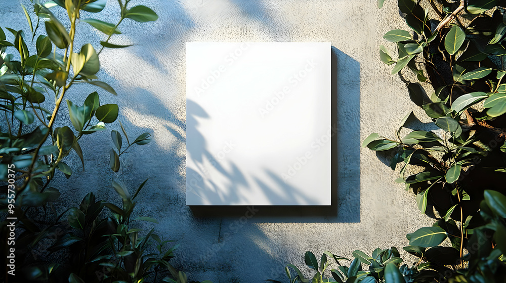 A blank canvas surrounded by lush greenery against a concrete wall. A blank canvas surrounded by lush greenery against a concrete wall.