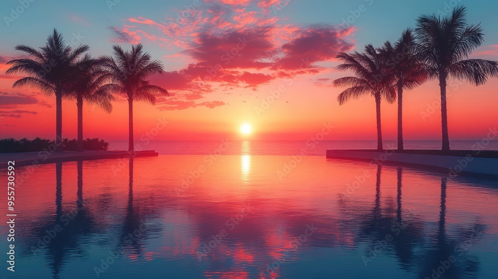 vibrant coastal sunset silhouetted palm trees gradient sky in coral and peach hues tranquil ocean reflections vibrant coastal sunset silhouetted palm trees gradient sky in coral and peach hues tranquil ocean reflections