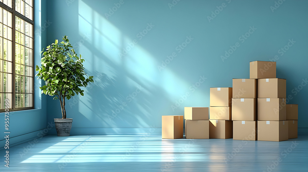 A bright room with stacked boxes and a potted plant. A bright room with stacked boxes and a potted plant.