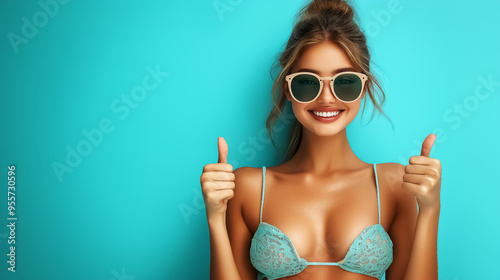 A cheerful woman in trendy beachwear and sunglasses, thumbs up, perfect for summer beach events, vacation promotions, and lifestyle branding.