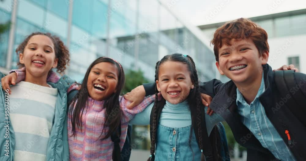 Outside, kids and friends with backpack or smile at school as classmates for education and learning in Brazil. Portrait, learner and happy as students with confidence, joy and child development Outside, kids and friends with backpack or smile at school as classmates for education and learning in Brazil. Portrait, learner and happy as students with confidence, joy and child development