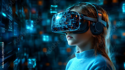 A child wearing a VR headset, immersed in a digital environment.