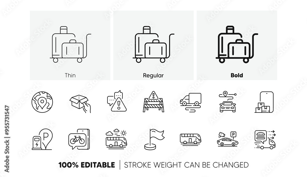 Pin, Food delivery and Warning road line icons. Pack of Milestone, Warning, Hold box icon. Luggage trolley, Online storage, Delivery route pictogram. Charging station, Parking security. Vector Pin, Food delivery and Warning road line icons. Pack of Milestone, Warning, Hold box icon. Luggage trolley, Online storage, Delivery route pictogram. Charging station, Parking security. Vector