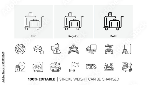 Pin, Food delivery and Warning road line icons. Pack of Milestone, Warning, Hold box icon. Luggage trolley, Online storage, Delivery route pictogram. Charging station, Parking security. Vector