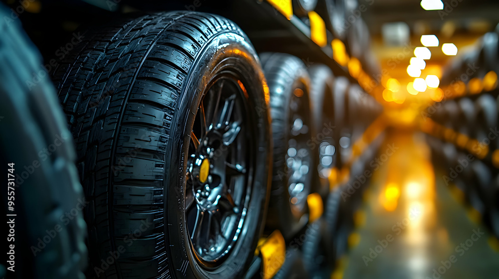 A close-up view of stacked tires in a warehouse setting. A close-up view of stacked tires in a warehouse setting.