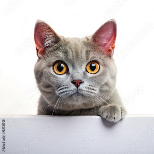 cat on white backgroundcat, kitten, animal, pet, isolated, feline, domestic, white, fur, kitty, cute, pets, british, animals, mammal, sitting, paw, young, tabby, baby, grey, adorable, looking, gray, b photo