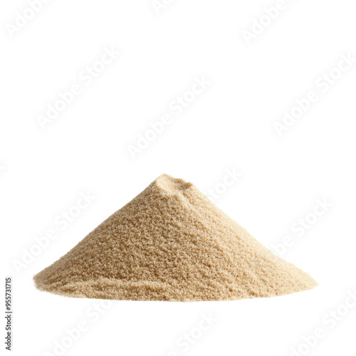 A heap of light brown powder, likely a food ingredient like flour or starch, isolated on a black background. photo