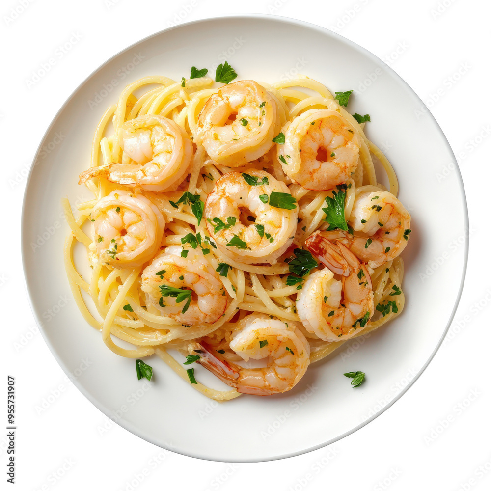 A plate of spaghetti with shrimp and parsley, a classic Italian dish. A plate of spaghetti with shrimp and parsley, a classic Italian dish.