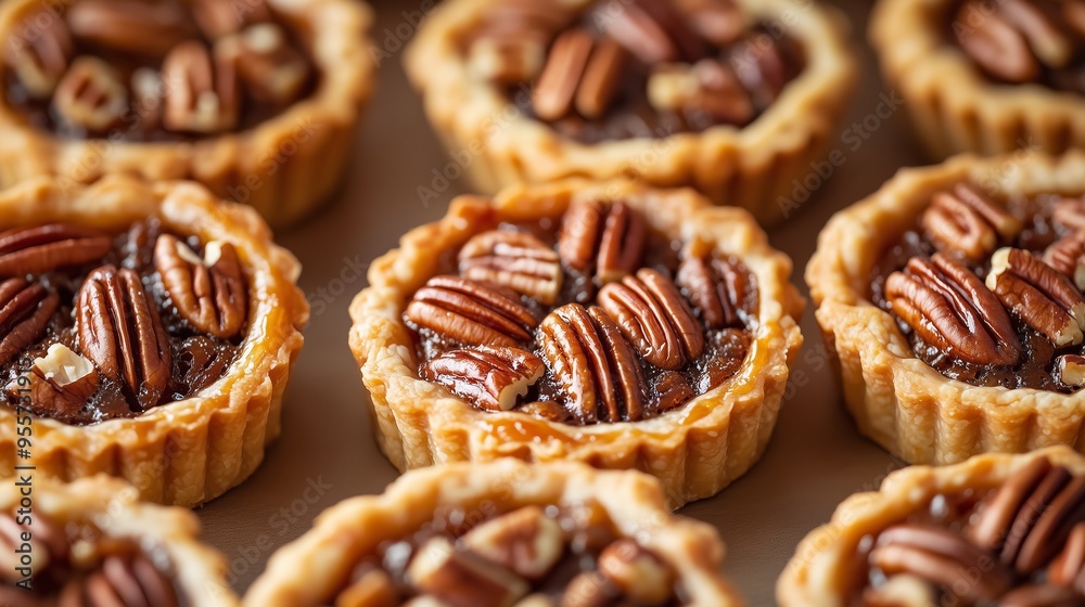 Pecan tarts arranged neatly on a wooden surface, showcasing a delicious dessert made with caramelized pecans and flaky crust Pecan tarts arranged neatly on a wooden surface, showcasing a delicious dessert made with caramelized pecans and flaky crust