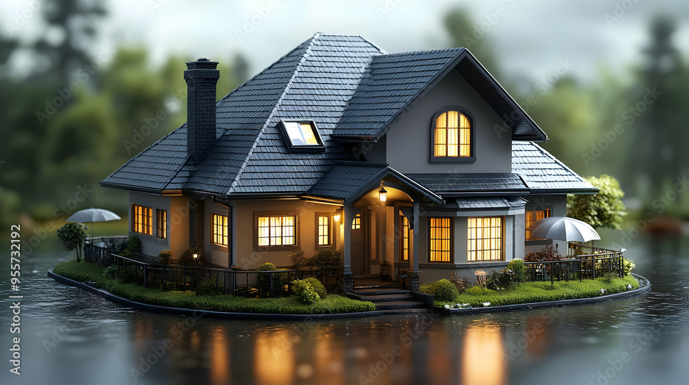 A cozy house on a small island surrounded by water. A cozy house on a small island surrounded by water.