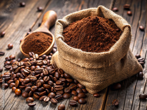 coffee beans and cinnamoncoffee, bean, brown, roasted, caffeine, drink, beans, cafe, food, bag, aroma, dark, espresso, breakfast, cup, wooden, black, sack, cinnamon, seed, grain, closeup, wood, mornin photo