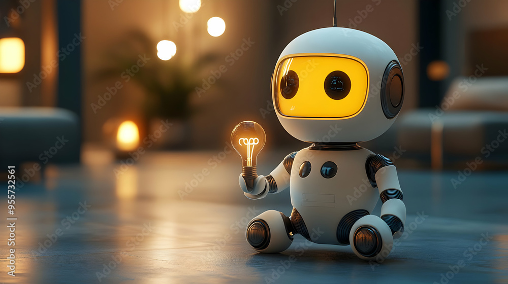 A cute robot holding a glowing light bulb in a cozy setting. A cute robot holding a glowing light bulb in a cozy setting.