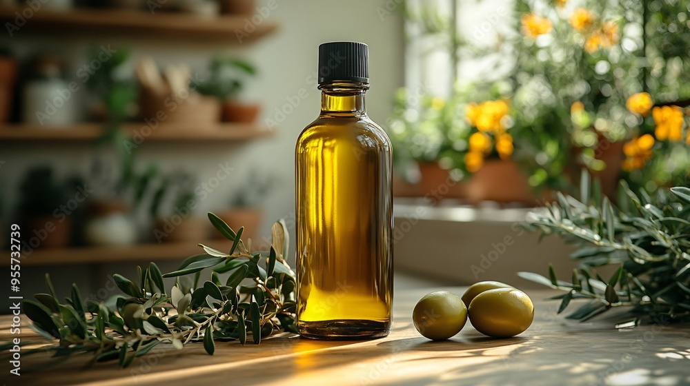 Bottle of golden olive oil sitting on rustic wooden table Bottle of golden olive oil sitting on rustic wooden table