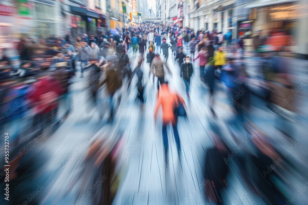 Fototapeta premium A blurry image of a crowded street with people walking and carrying bags, generative ai image