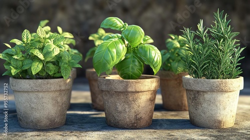 Organic herb garden, pots with fresh basil, mint, and rosemary, 3D illustration