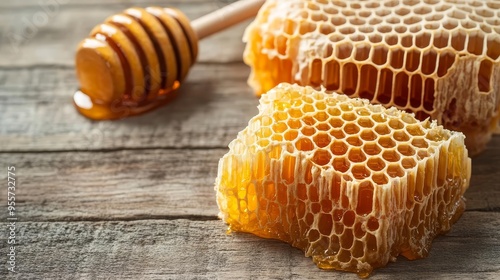 Organic honeycomb and a honey dipper on a wooden table with an unobtrusive background for text placement in the upper left photo