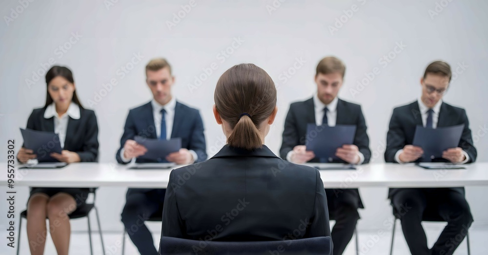 Woman in a Professional Job Interview Facing a Panel of Four Interviewers in Formal Business Attire Woman in a Professional Job Interview Facing a Panel of Four Interviewers in Formal Business Attire
