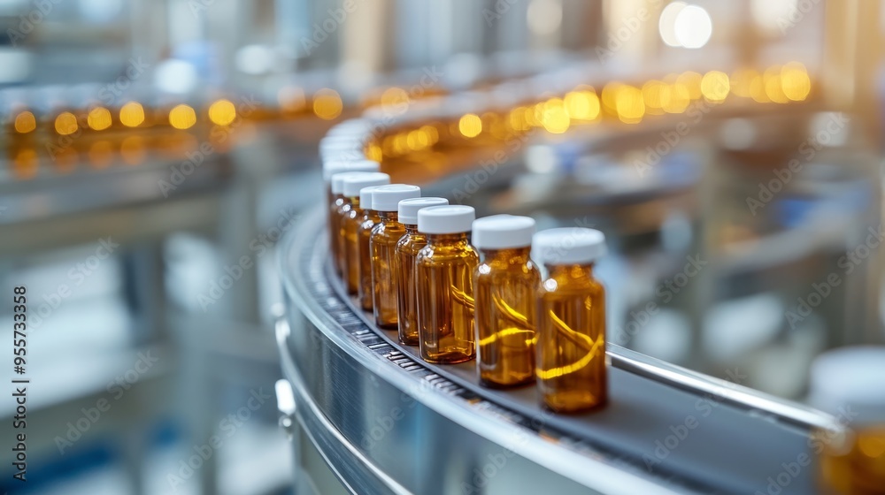 Medical vials on conveyor belt. Pharmaceutical production Medical vials on conveyor belt. Pharmaceutical production
