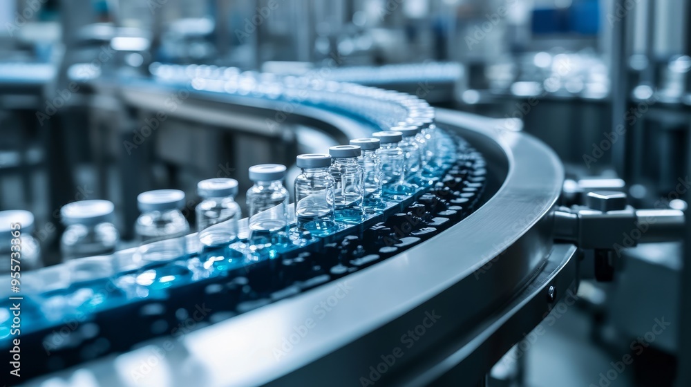 Medical vials on conveyor belt. Pharmaceutical production Medical vials on conveyor belt. Pharmaceutical production