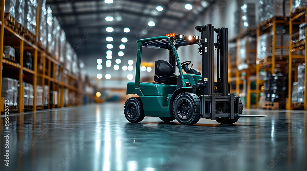 A forklift in a warehouse, ready for material handling tasks. A forklift in a warehouse, ready for material handling tasks.