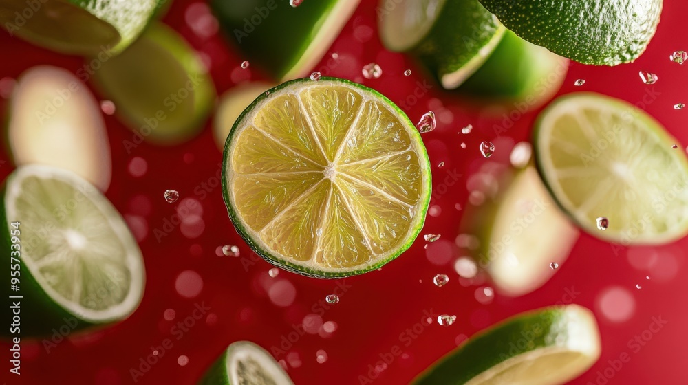 Fresh Lime Slices on Vibrant Red Background
