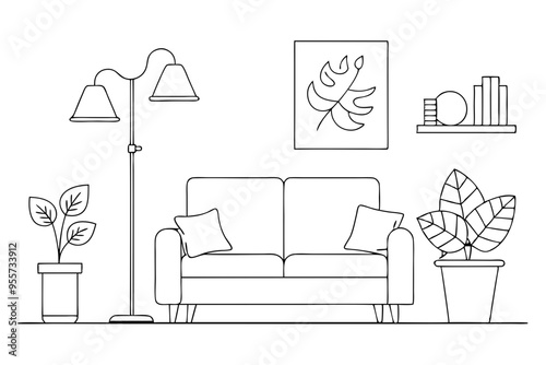 Minimalist Line Drawing of Modern Living Room- Sofa, Floor Lamp, and Potted Plant Illustration photo