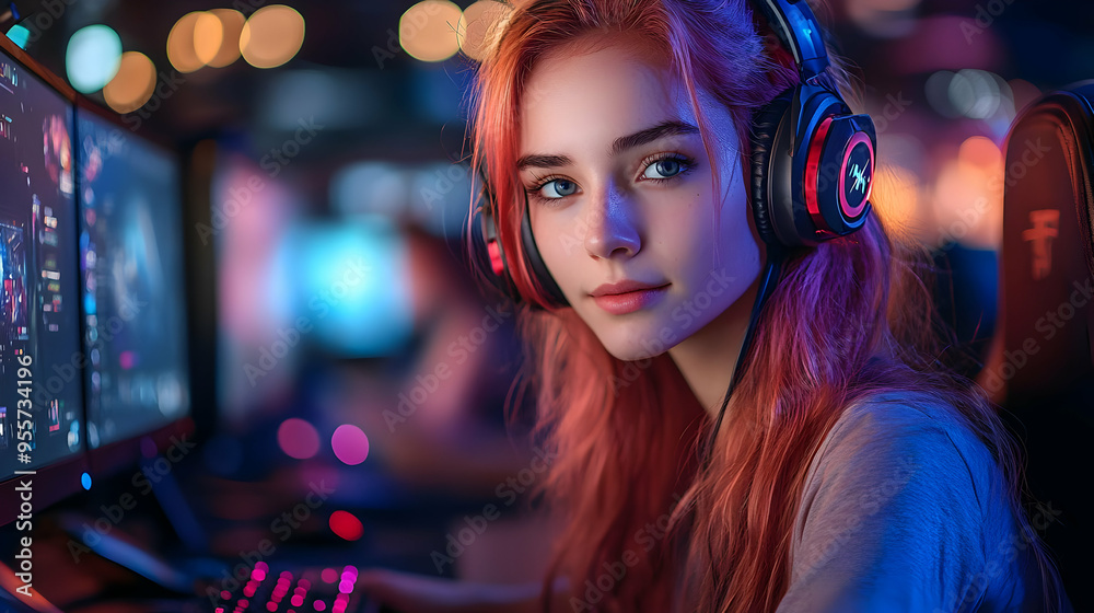 A gamer with pink hair wearing headphones at a computer setup. A gamer with pink hair wearing headphones at a computer setup.