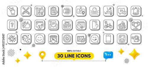Certificate, Mail newsletter and Smartphone recovery line icons pack. 3d design elements. Yummy smile, Apple, Smile web icon. Artificial intelligence, Salary, Move gesture pictogram. Vector