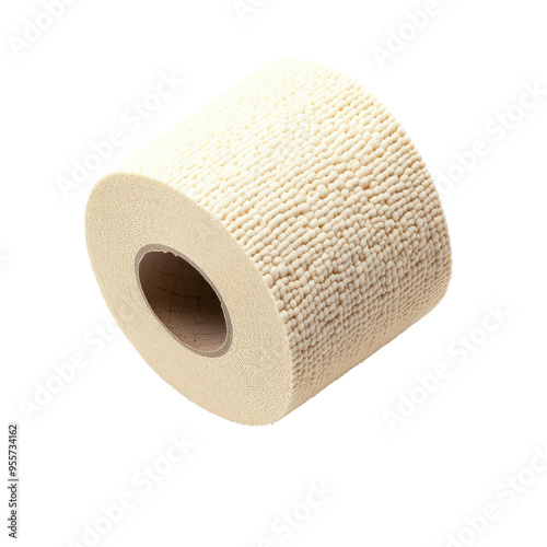 Close-up of a beige textured adhesive bandage roll isolated on a white background, ideal for medical and healthcare themes