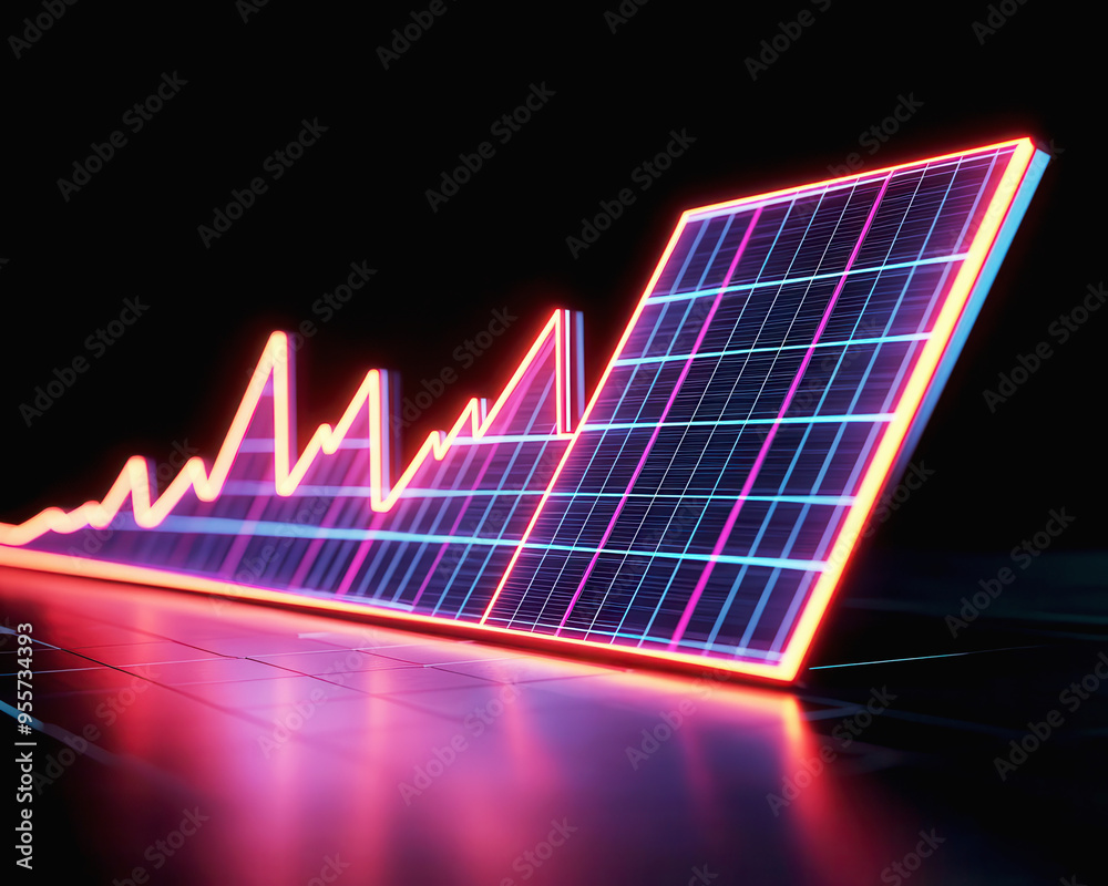 Fototapeta premium Abstract digital rendering of a solar panel array with a dynamic rising graph, solar panel, rise, graph, renewable energy growth, futuristic visualization