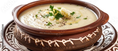 Cauliflower Cream Soup In A Clay Plate Isolated White Background File Contains Clipping Path