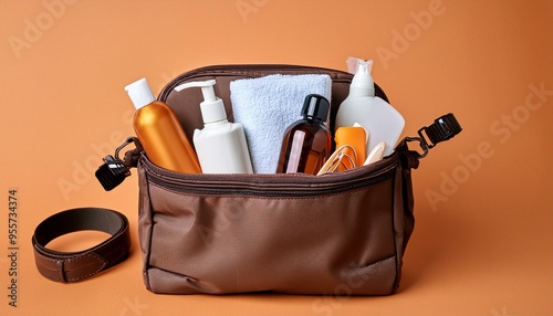 Brown toiletry bag filled with toiletries and personal hygiene products ready to start a trip, isolated on an orange background with copy space. photo