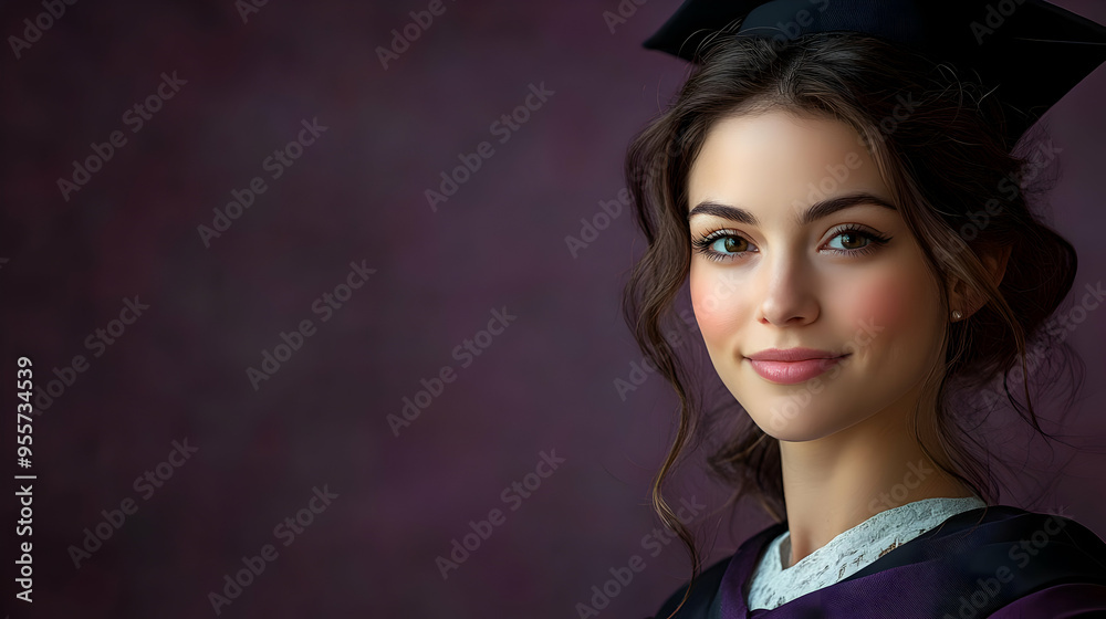 A graduate in cap and gown smiling against a purple background. A graduate in cap and gown smiling against a purple background.
