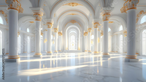 A grand, elegant hall with marble floors and ornate columns.