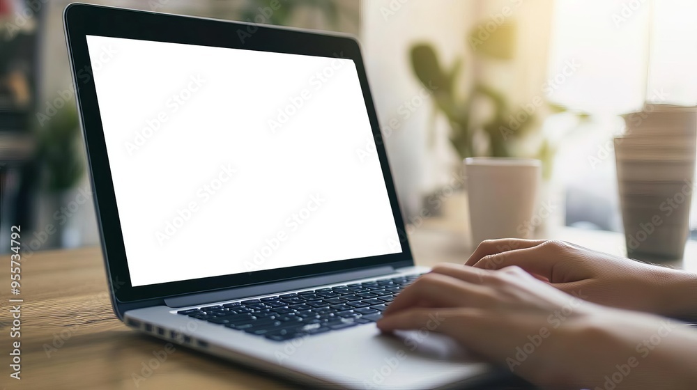 A highquality photo of a person using a laptop with a search engine page open, featuring a clean background space on the right for text A highquality photo of a person using a laptop with a search engine page open, featuring a clean background space on the right for text