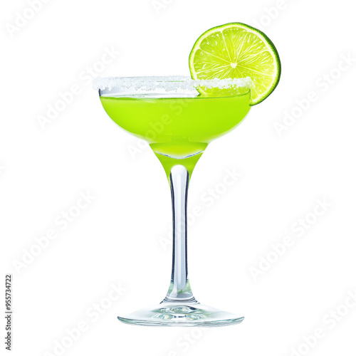 Refreshing margarita cocktail with a bright green color, garnished with a salt rim and a slice of lime, isolated on a white background.