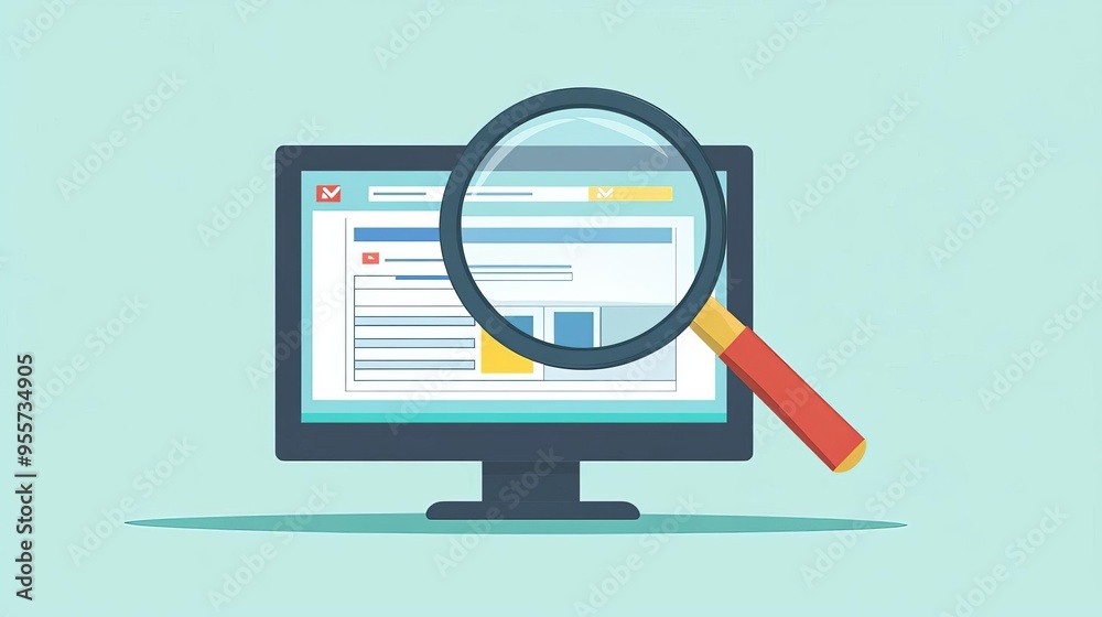 An illustration of a magnifying glass hovering over a computer screen displaying a search engine, with a spacious area on the left side for text