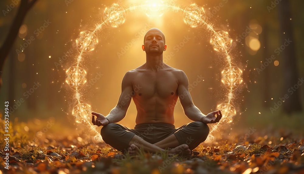 Obraz premium A serene male meditator of Caucasian descent sits cross-legged in the woods, surrounded by a glowing energy circle.