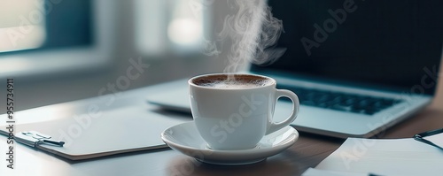 Virtual coffee break with a laptop on a cluttered desk, surrounded by notes and a steaming cup of coffee, virtual coffee break, informal, work-from-home, casual setup