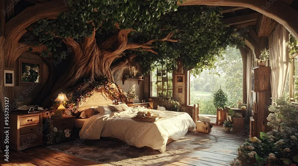 Enchanting fantasy bedroom inside a massive treehouse, featuring whimsical decor and magical details in a treetop retreatseamless looping 4k time-lapse virtual video animation background. generated ai